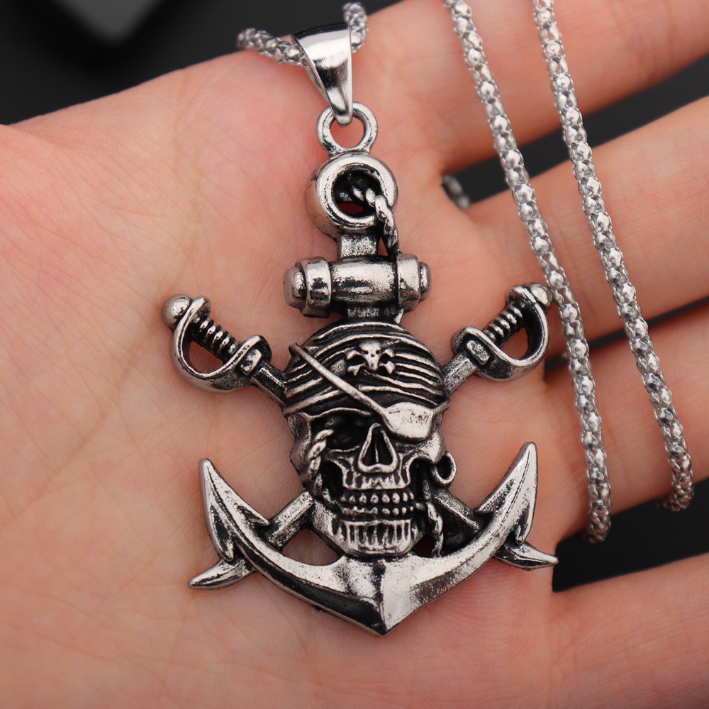 Battle Rope Anchor - 男性用ヴィンテージダブルソードパイレーツペンダントネックレス、チタンスチール、レトロなハロウィーン、ゴーストヘッド、アンカーアクセサリー